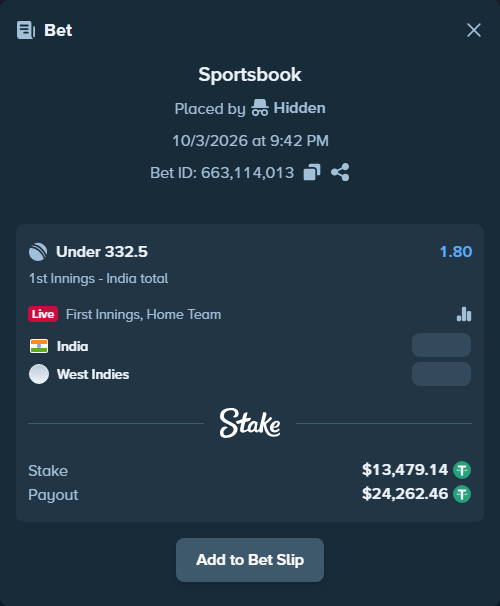 Bet slip: India - West Indies, $13,479.14 stake at 1.80 odds, placed by Hidden