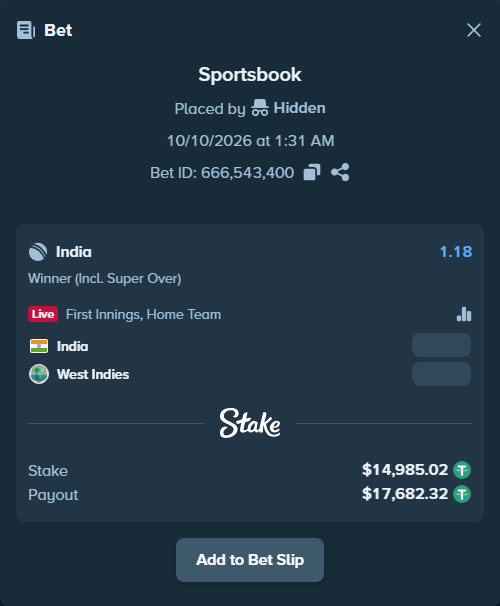 Bet slip: India - West Indies, $15,000.00 stake at 1.18 odds, placed by Raja6457