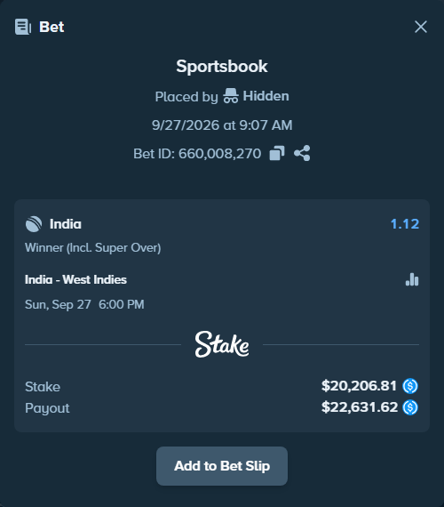 Bet slip: India - West Indies, $20,206.81 stake at 1.12 odds, placed by Hidden