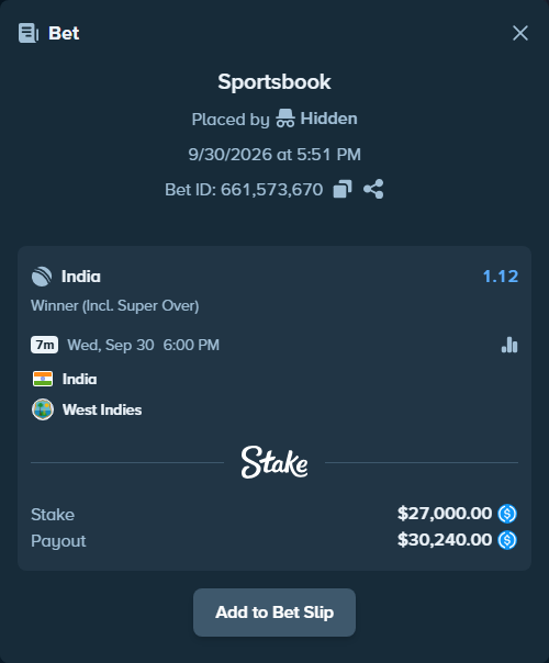 Bet slip: India - West Indies, $27,000.00 stake at 1.12 odds, placed by Hidden