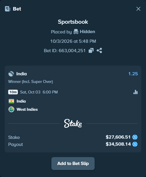 Bet slip: India - West Indies, $27,606.51 stake at 1.25 odds, placed by Hidden