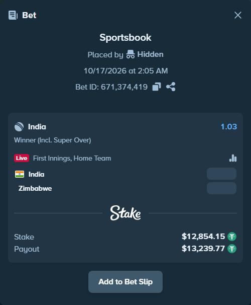 Bet slip: India - Zimbabwe, $12,867.00 stake at 1.03 odds, placed by Punitom