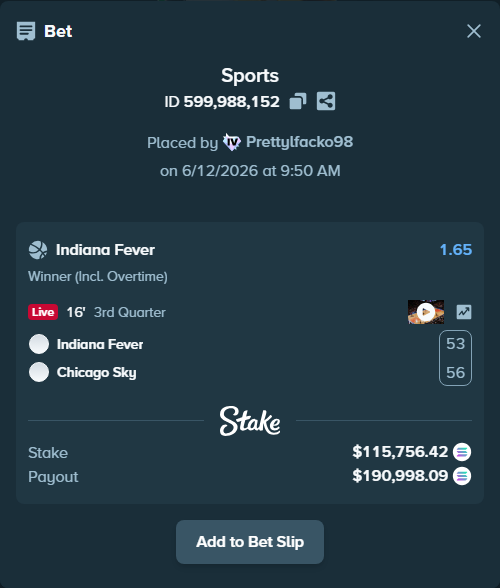 Bet slip: Indiana Fever - Chicago Sky, $127,040.30 stake at 1.65 odds, placed by Prettylfacko98