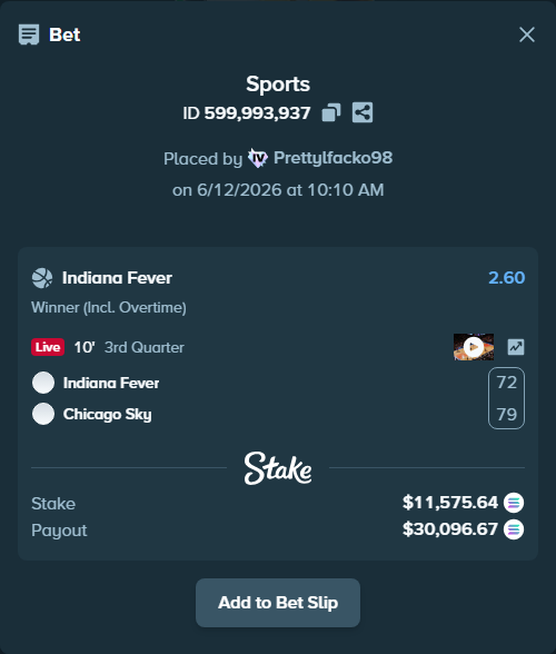 Bet slip: Indiana Fever - Chicago Sky, $12,704.03 stake at 2.60 odds, placed by Prettylfacko98
