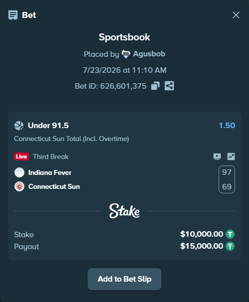 Bet slip: Indiana Fever - Connecticut Sun, $10,010.00 stake at 1.50 odds, placed by Agusbob
