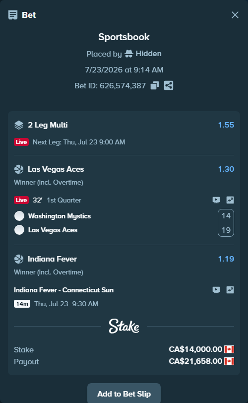 Bet slip: Indiana Fever - Connecticut Sun, $10,360.00 stake at 1.19 odds, placed by Hidden