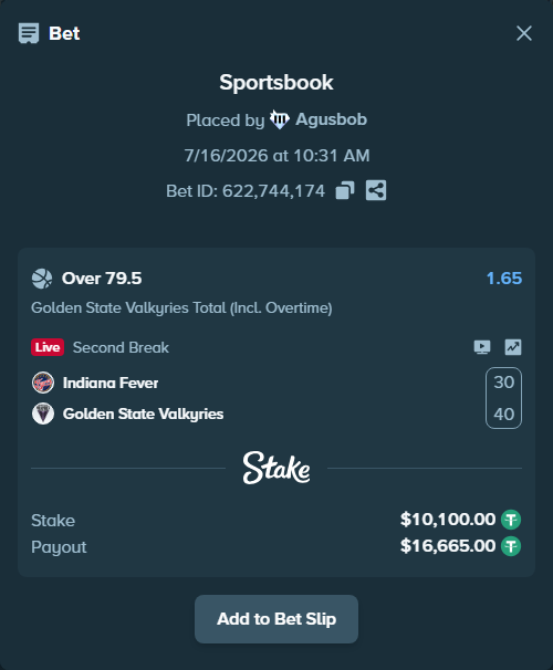 Bet slip: Indiana Fever - Golden State Valkyries, $10,110.10 stake at 1.65 odds, placed by Agusbob