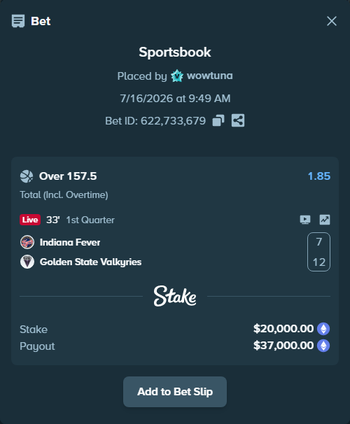 Bet slip: Indiana Fever - Golden State Valkyries, $19,785.90 stake at 1.85 odds, placed by wowtuna