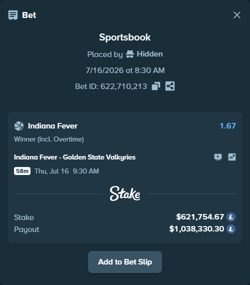 Bet slip: Indiana Fever - Golden State Valkyries, $627,206.23 stake at 1.67 odds, placed by Hidden