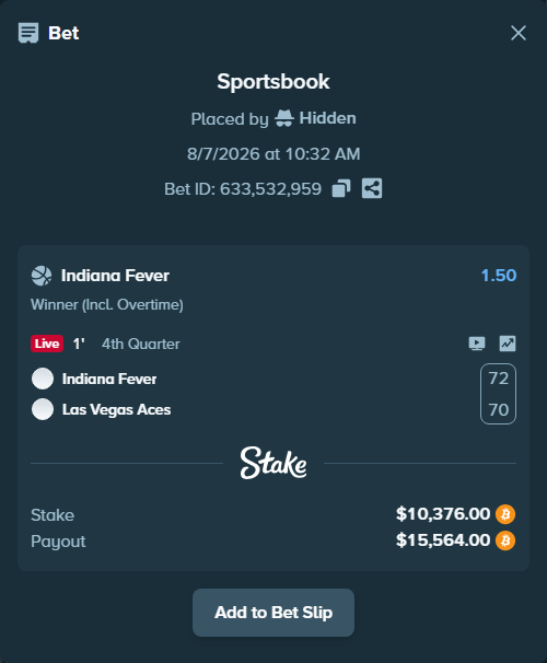 Bet slip: Indiana Fever - Las Vegas Aces, $10,385.03 stake at 1.50 odds, placed by Hidden