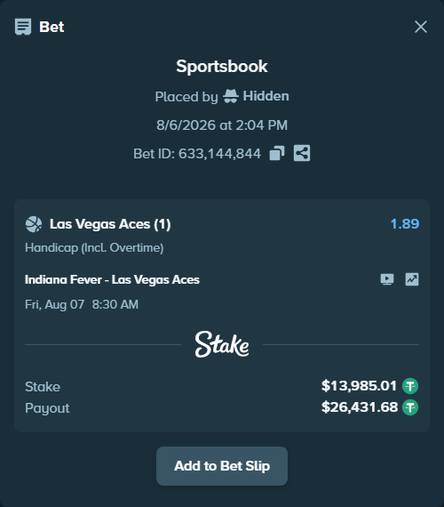 Bet slip: Indiana Fever - Las Vegas Aces, $13,999.00 stake at 1.89 odds, placed by Hidden