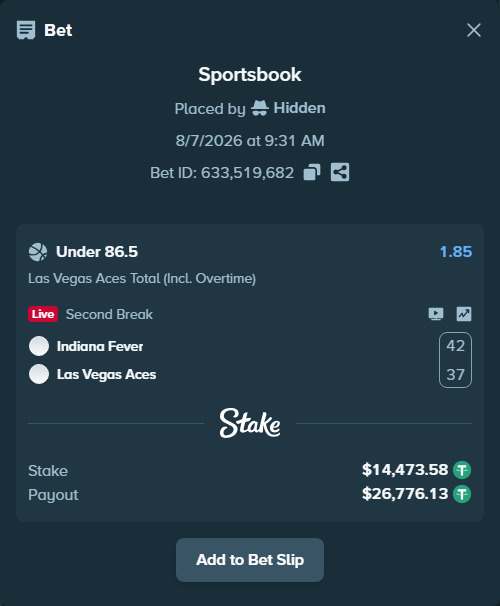 Bet slip: Indiana Fever - Las Vegas Aces, $14,488.06 stake at 1.85 odds, placed by Hidden