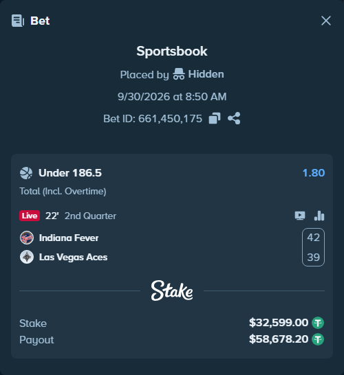 Bet slip: Indiana Fever - Las Vegas Aces, $32,599.00 stake at 1.80 odds, placed by Hidden