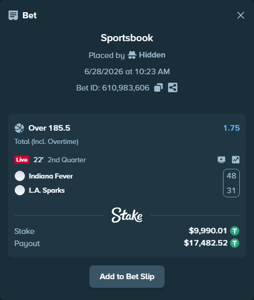 Bet slip: Indiana Fever - Los Angeles Sparks, $10,000.00 stake at 1.75 odds, placed by Hidden