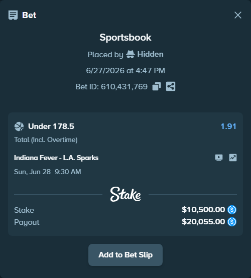 Bet slip: Indiana Fever - Los Angeles Sparks, $10,500.00 stake at 1.91 odds, placed by Hidden