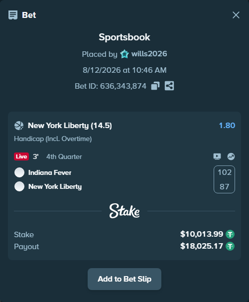Bet slip: Indiana Fever - New York Liberty, $10,024.00 stake at 1.80 odds, placed by wills2026