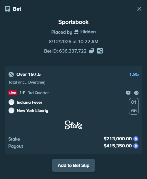 Bet slip: Indiana Fever - New York Liberty, $213,381.51 stake at 1.95 odds, placed by Hidden