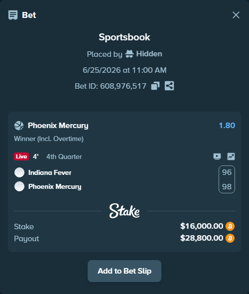 Bet slip: Indiana Fever - Phoenix Mercury, $15,525.40 stake at 1.80 odds, placed by Hidden