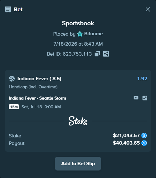 Bet slip: Indiana Fever - Seattle Storm, $21,043.57 stake at 1.92 odds, placed by Bituume