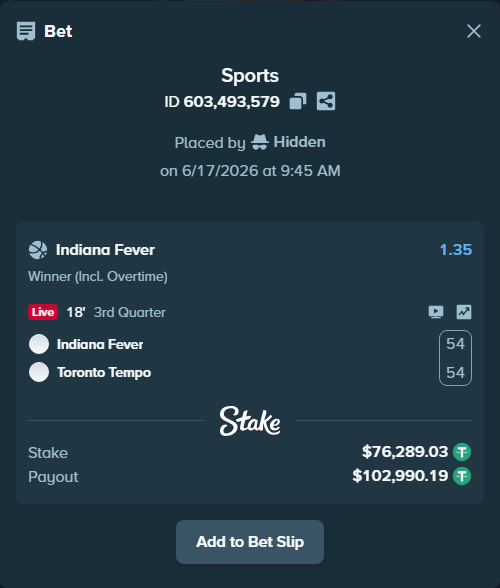 Bet slip: Indiana Fever - Toronto Tempo, $76,365.32 stake at 1.35 odds, placed by Hidden