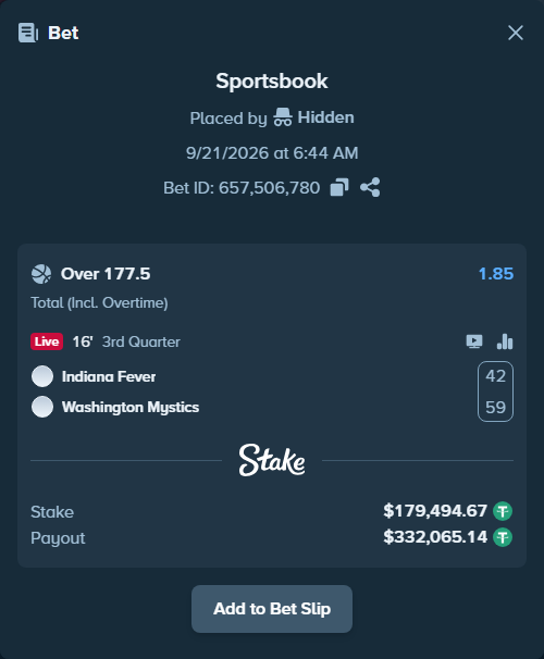 Bet slip: Indiana Fever - Washington Mystics, $179,494.67 stake at 1.85 odds, placed by Hidden