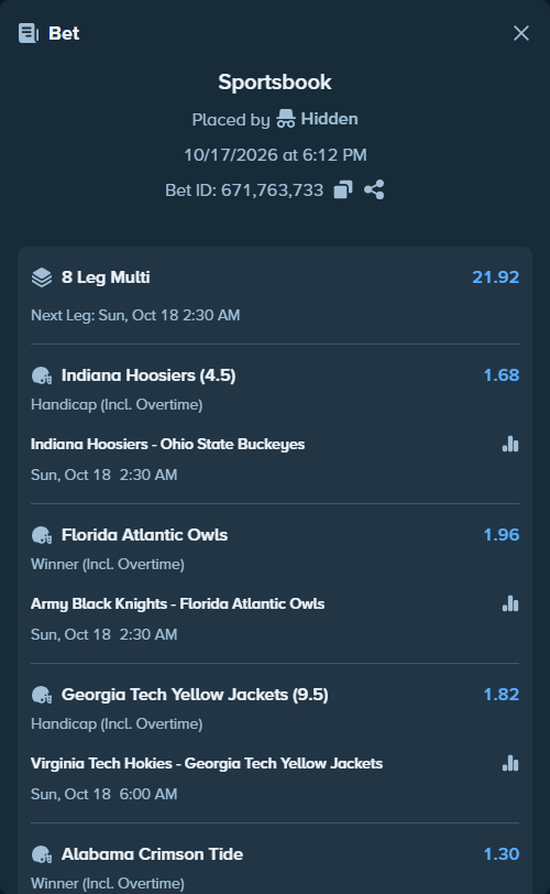Bet slip: Indiana Hoosiers - Ohio State Buckeyes, $10,010.00 stake at 1.68 odds, placed by Hidden