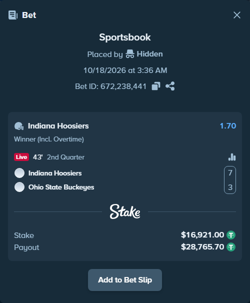 Bet slip: Indiana Hoosiers - Ohio State Buckeyes, $16,937.92 stake at 1.70 odds, placed by Hidden