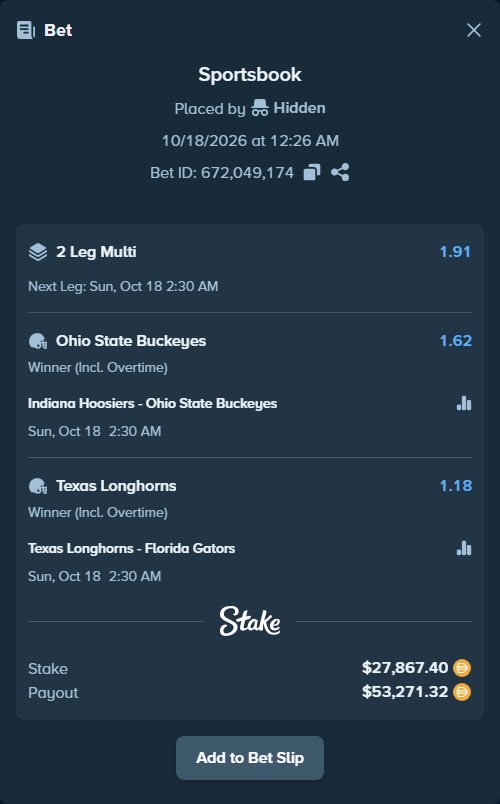 Bet slip: Indiana Hoosiers - Ohio State Buckeyes, $27,867.40 stake at 1.62 odds, placed by MrBerry123