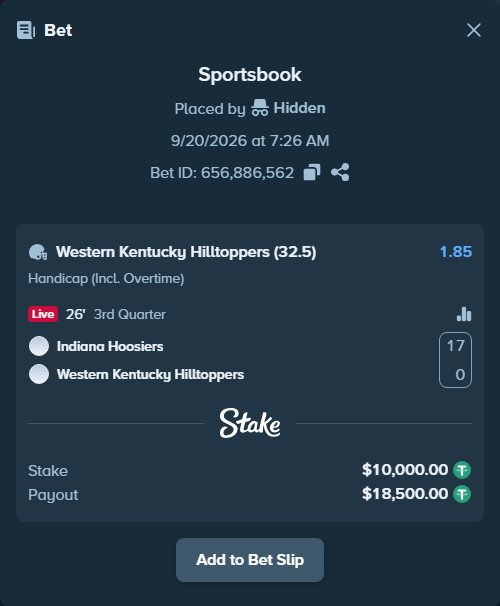 Bet slip: Indiana Hoosiers - Western Kentucky Hilltoppers, $10,000.00 stake at 1.85 odds, placed by Hidden