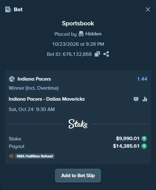 Bet slip: Indiana Pacers - Dallas Mavericks, $10,000.00 stake at 1.44 odds, placed by jeromecua