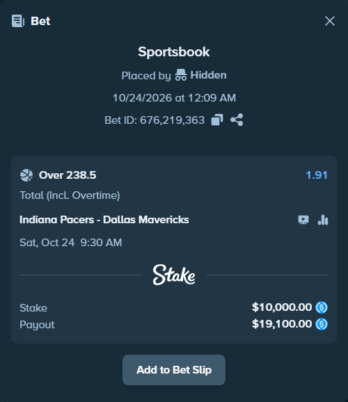 Bet slip: Indiana Pacers - Dallas Mavericks, $10,000.00 stake at 1.91 odds, placed by Hidden