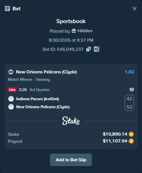 Bet slip: Indiana Pacers (IceKimi) - New Orleans Pelicans (Clyde), $10,963.74 stake at 1.02 odds, placed by Hidden