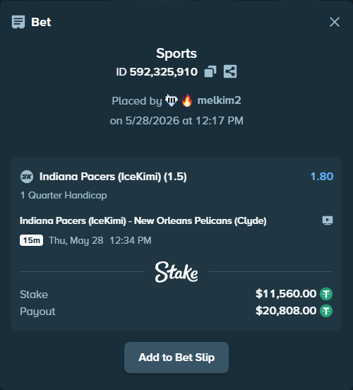 Bet slip: Indiana Pacers (IceKimi) - New Orleans Pelicans (Clyde), $11,583.12 stake at 1.80 odds, placed by melkim2