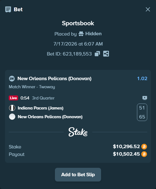 Bet slip: Indiana Pacers (James) - New Orleans Pelicans (Donovan), $10,325.46 stake at 1.02 odds, placed by Hidden
