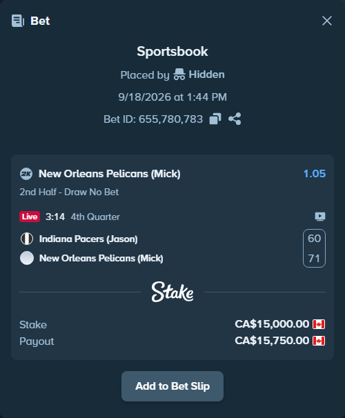 Bet slip: Indiana Pacers (Jason) - New Orleans Pelicans (Mick), $11,100.00 stake at 1.05 odds, placed by Hidden