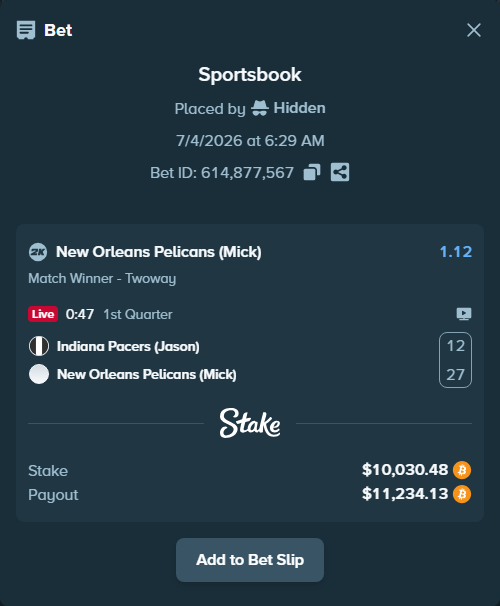 Bet slip: Indiana Pacers (Jason) - New Orleans Pelicans (Mick), $10,043.80 stake at 1.12 odds, placed by Hidden