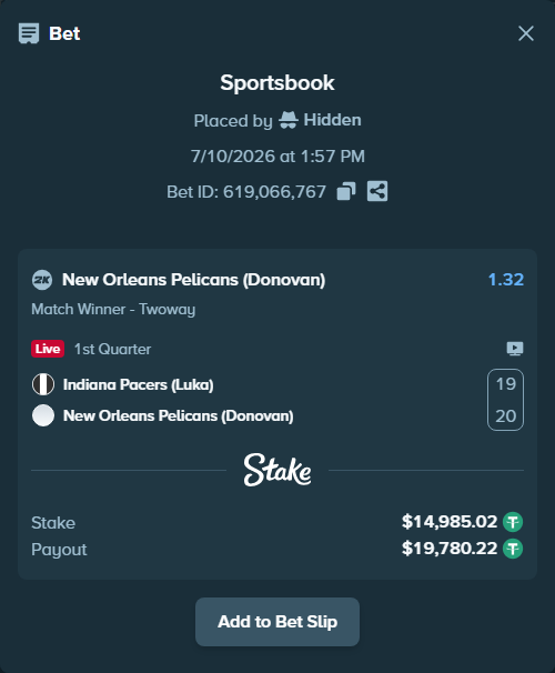 Bet slip: Indiana Pacers (Luka) - New Orleans Pelicans (Donovan), $15,000.00 stake at 1.32 odds, placed by Hidden