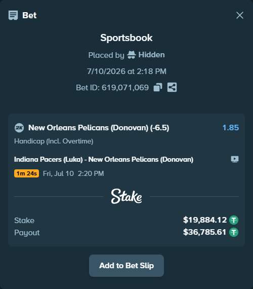 Bet slip: Indiana Pacers (Luka) - New Orleans Pelicans (Donovan), $19,904.00 stake at 1.85 odds, placed by Hidden