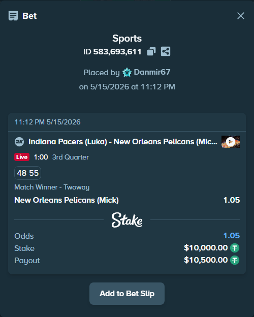 Bet slip: Indiana Pacers (Luka) - New Orleans Pelicans (Mick), $10,000.00 stake at 1.05 odds, placed by Danmir67