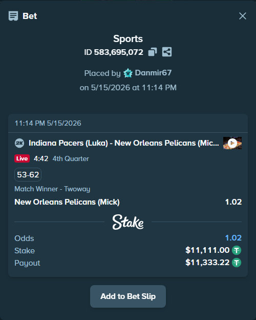 Bet slip: Indiana Pacers (Luka) - New Orleans Pelicans (Mick), $11,111.00 stake at 1.02 odds, placed by Danmir67