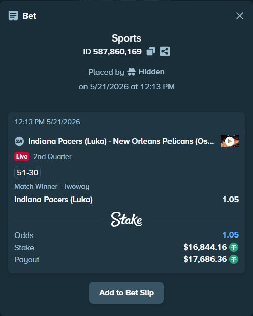 Bet slip: Indiana Pacers (Luka) - New Orleans Pelicans (Oscar), $16,861.00 stake at 1.05 odds, placed by Hidden