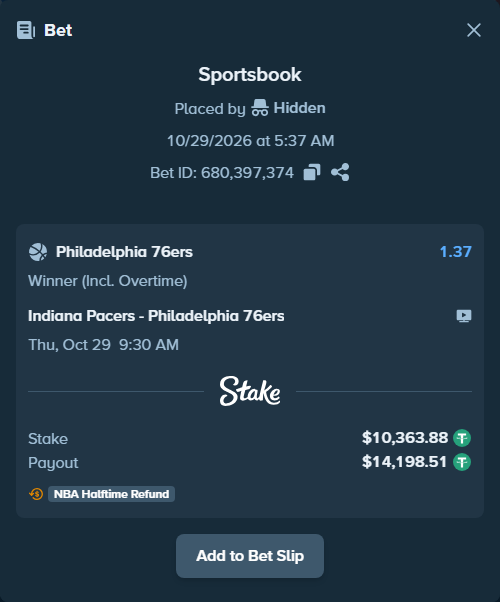 Bet slip: Indiana Pacers - Philadelphia 76ers, $10,374.24 stake at 1.37 odds, placed by Hidden