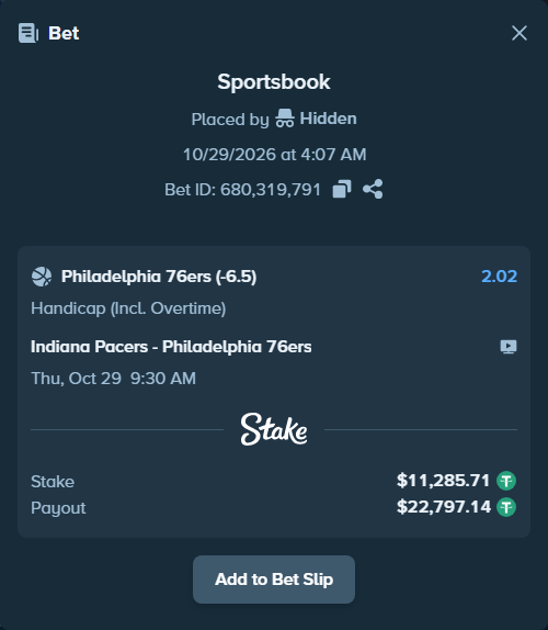 Bet slip: Indiana Pacers - Philadelphia 76ers, $11,297.00 stake at 2.02 odds, placed by Vvv6159