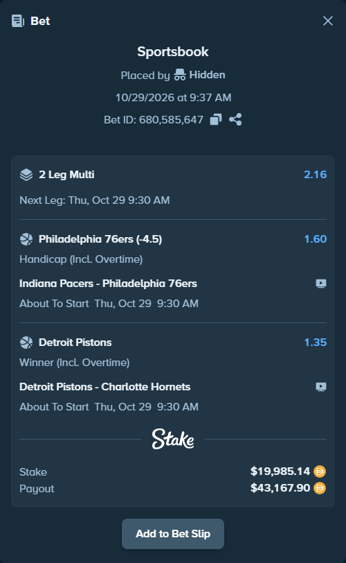 Bet slip: Indiana Pacers - Philadelphia 76ers, $20,025.11 stake at 1.60 odds, placed by Hidden