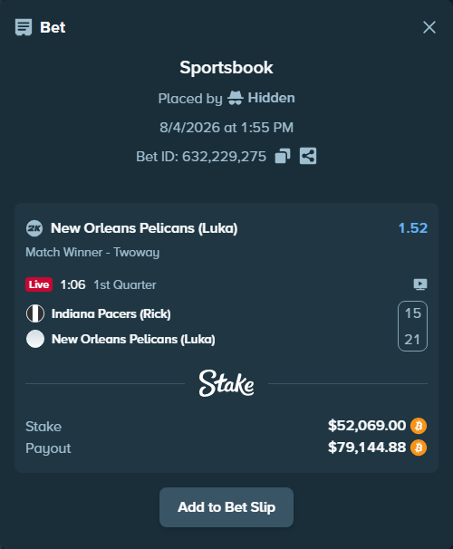 Bet slip: Indiana Pacers (Rick) - New Orleans Pelicans (Luka), $52,583.80 stake at 1.52 odds, placed by Hidden