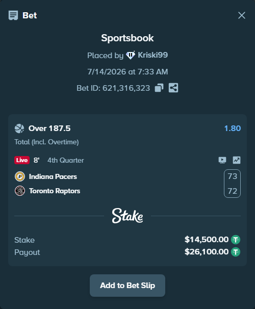 Bet slip: Indiana Pacers - Toronto Raptors, $14,514.50 stake at 1.80 odds, placed by Kriski99