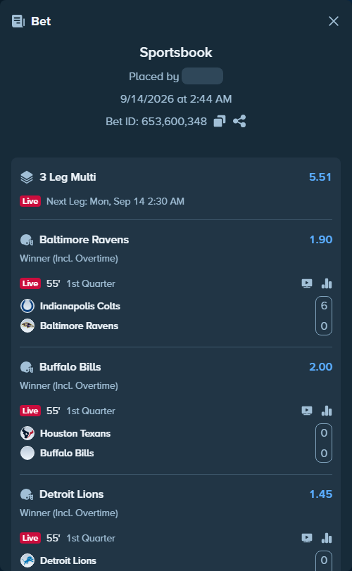 Bet slip: Indianapolis Colts - Baltimore Ravens, $50,000.00 stake at 1.90 odds, placed by Cabrzy