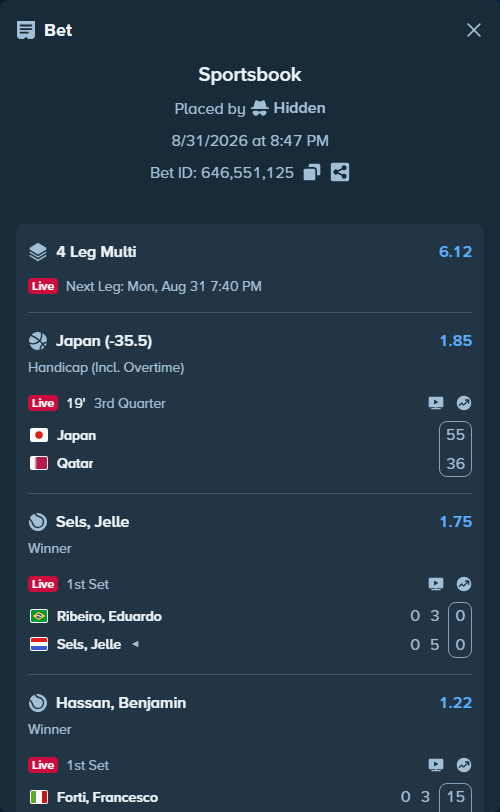 Bet slip: Indonesia - Malaysia, $13,489.00 stake at 1.55 odds, placed by Hidden