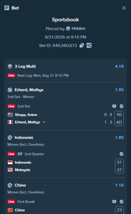 Bet slip: Indonesia - Malaysia, $15,000.00 stake at 1.85 odds, placed by Hidden