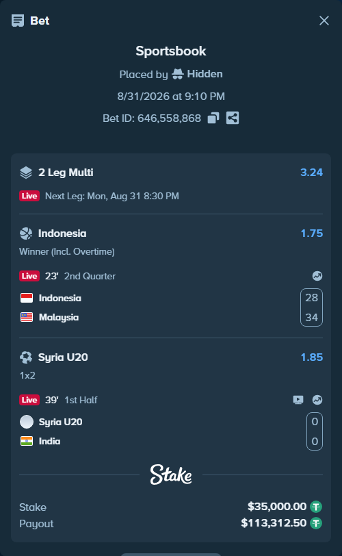 Bet slip: Indonesia - Malaysia, $35,000.00 stake at 1.75 odds, placed by Hidden